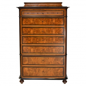 Antique Tall Chest of Drawers in Burled Walnut with Ebonized Accents & Pedestal Top, circa 1870