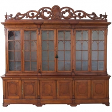 Large French Breakfront Bookcase / Bibliotheque with Mullioned Glass Panels