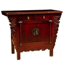 Qing Cabinet in Elm with Cinnabar Red Lacquer & Carved Peonies, Circa 1800