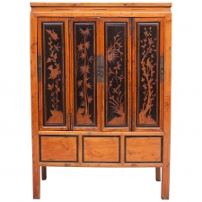 Qing Elm Storage Cabinet with Carved Ebonized Panels Depicting the Four Seasons, China, circa early 1800's