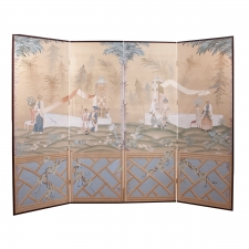 Long Vintage Screen in Chinoiserie with Four Painted Panels with Chinese Scenes