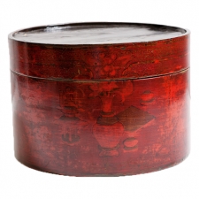 19th Century Round Chinese Box in Cinnabar Lacquered Wood with Still Life Paintings