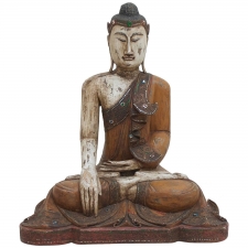 Burmese Mandalay Buddha in Carved Polychromed Wood, Late 1800's to Early 1900's