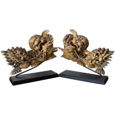 Pair of Qing Dynasty Carved and Gilded Chinese Foo Dog and Lion Statues, circa 1700