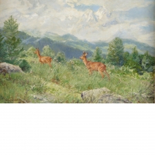 "Mountain Side with Deer," Oil on Canvas by Wilhelm Buddenburg