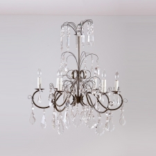 Six-Light Chandelier In Forged Antique Brass with Cut Glass Prisms, c. 1915