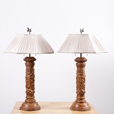 Pair of Table Lamps in Turned Wood with Plaster and Polychrome