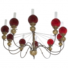 English Victorian Ten-Light Chandelier in Brass with Cranberry Glass Globes