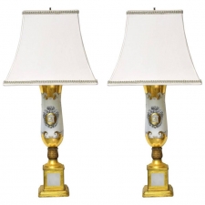 Pair of White Porcelain Lamps with Luster Ware Glaze & Gilding, France, circa 1925