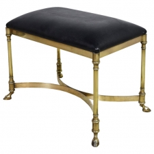 Vintage Italian Stool with Brass Frame and Black Upholstered Seat