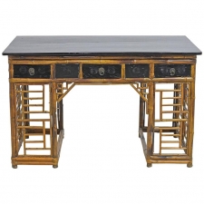 A Bamboo Chinese Pedestal Desk with Ebonized Top & Drawers, circa 1930