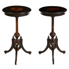 Pair of Small Round French Napoleon III Ebonized Tables with Marquetry, c. 1870