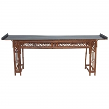 Long Antique Chinese Bamboo Altar Table with Black-Lacquer Top